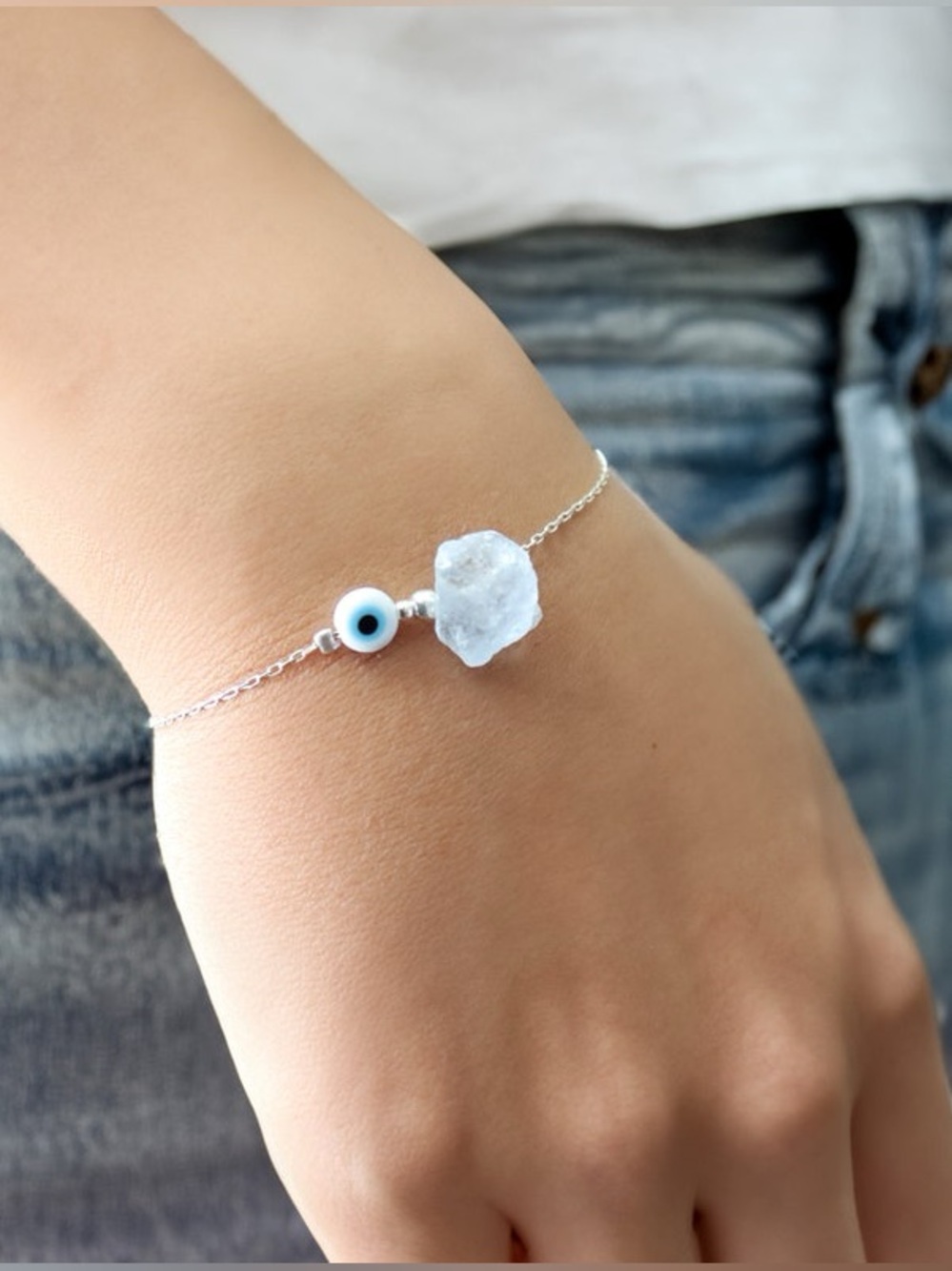925 Sterling Silver Chain, Evil Eye Charm with Natural (Rough) Gemstone
